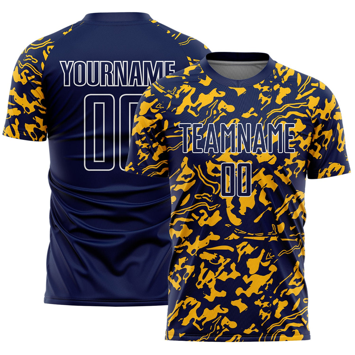 Custom Navy Gold-White Liquid Fluid Pattern Sports Sublimation Soccer Uniform Jersey