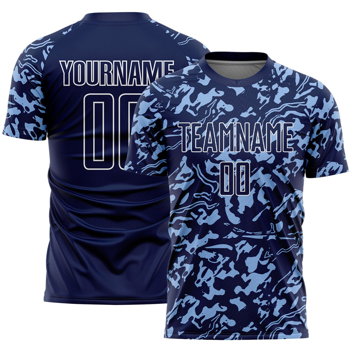 Custom Navy Light Blue-White Liquid Fluid Pattern Sports Sublimation Soccer Uniform Jersey