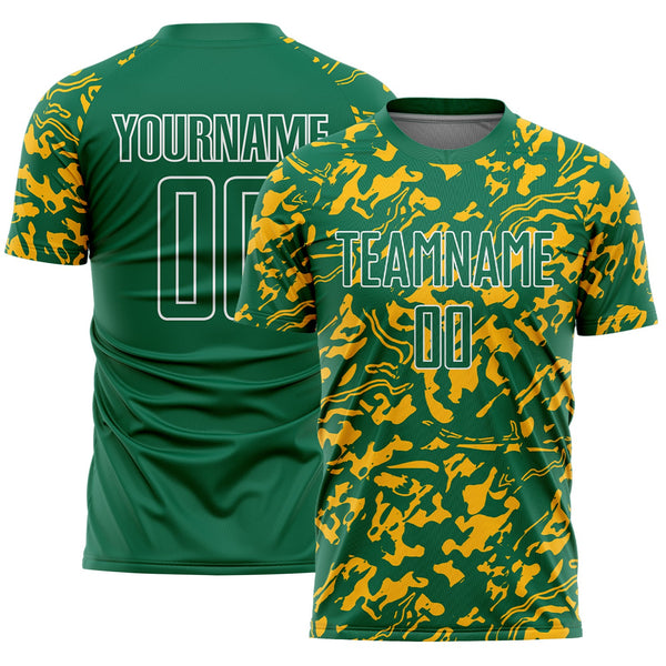 Custom Kelly Green Gold-White Liquid Fluid Pattern Sports Sublimation Soccer Uniform Jersey