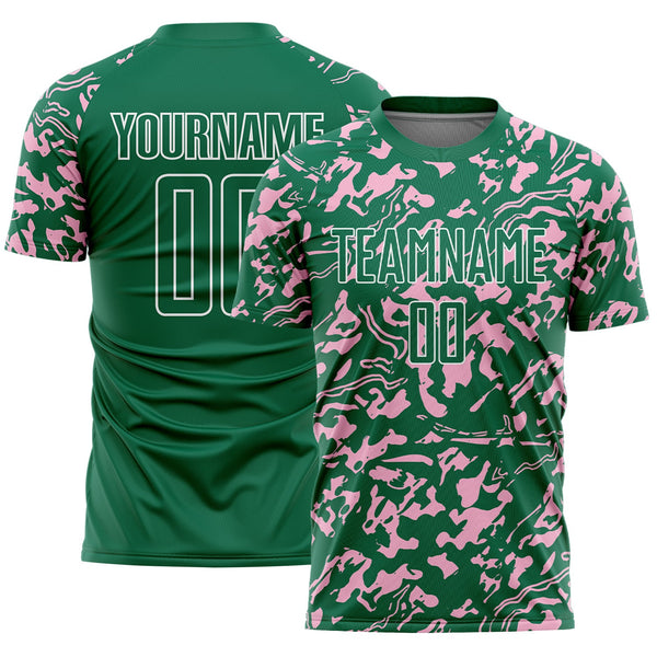 Custom Kelly Green Light Pink-White Liquid Fluid Pattern Sports Sublimation Soccer Uniform Jersey