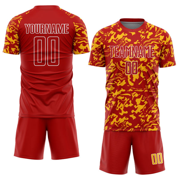 Custom Red Gold-White Liquid Fluid Pattern Sports Sublimation Soccer Uniform Jersey alternate