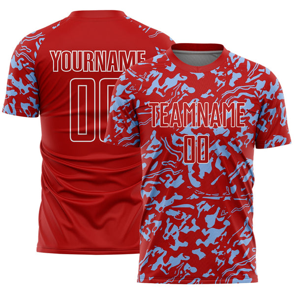 Custom Red Light Blue-White Liquid Fluid Pattern Sports Sublimation Soccer Uniform Jersey