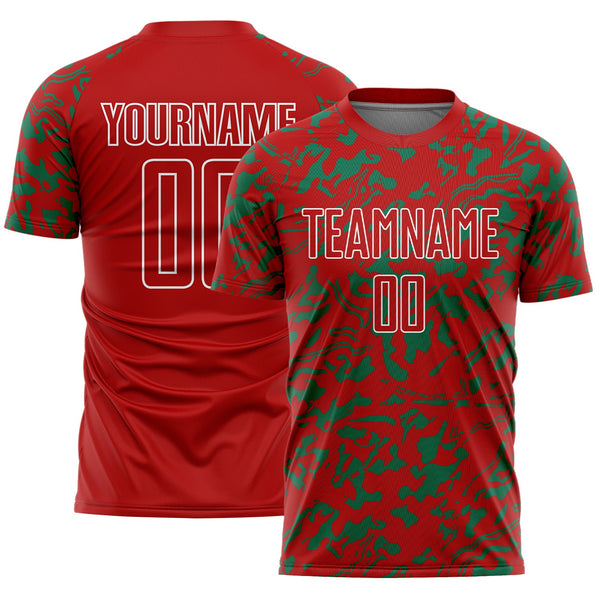 Custom Red Kelly Green-White Liquid Fluid Pattern Sports Sublimation Soccer Uniform Jersey