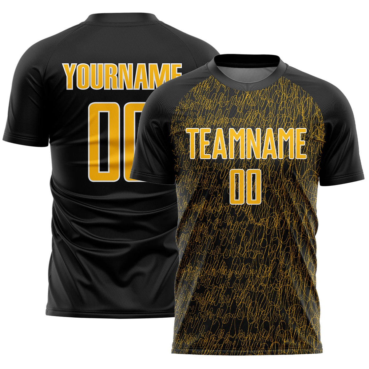 Custom Black Gold-White Abstract Scribble Curve Line Pattern Sports Sublimation Soccer Uniform Jersey