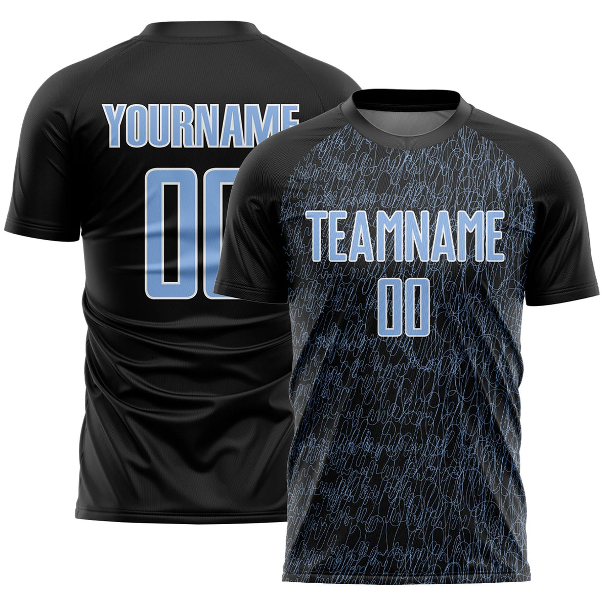Custom Black Light Blue-White Abstract Scribble Curve Line Pattern Sports Sublimation Soccer Uniform Jersey