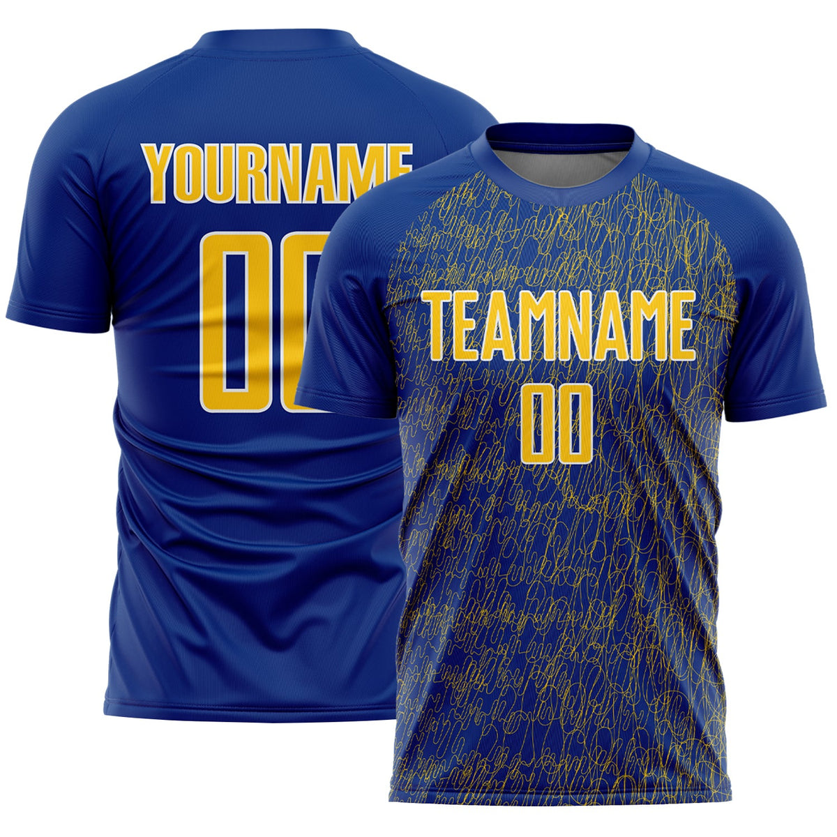 Custom Royal Yellow-White Abstract Scribble Curve Line Pattern Sports Sublimation Soccer Uniform Jersey