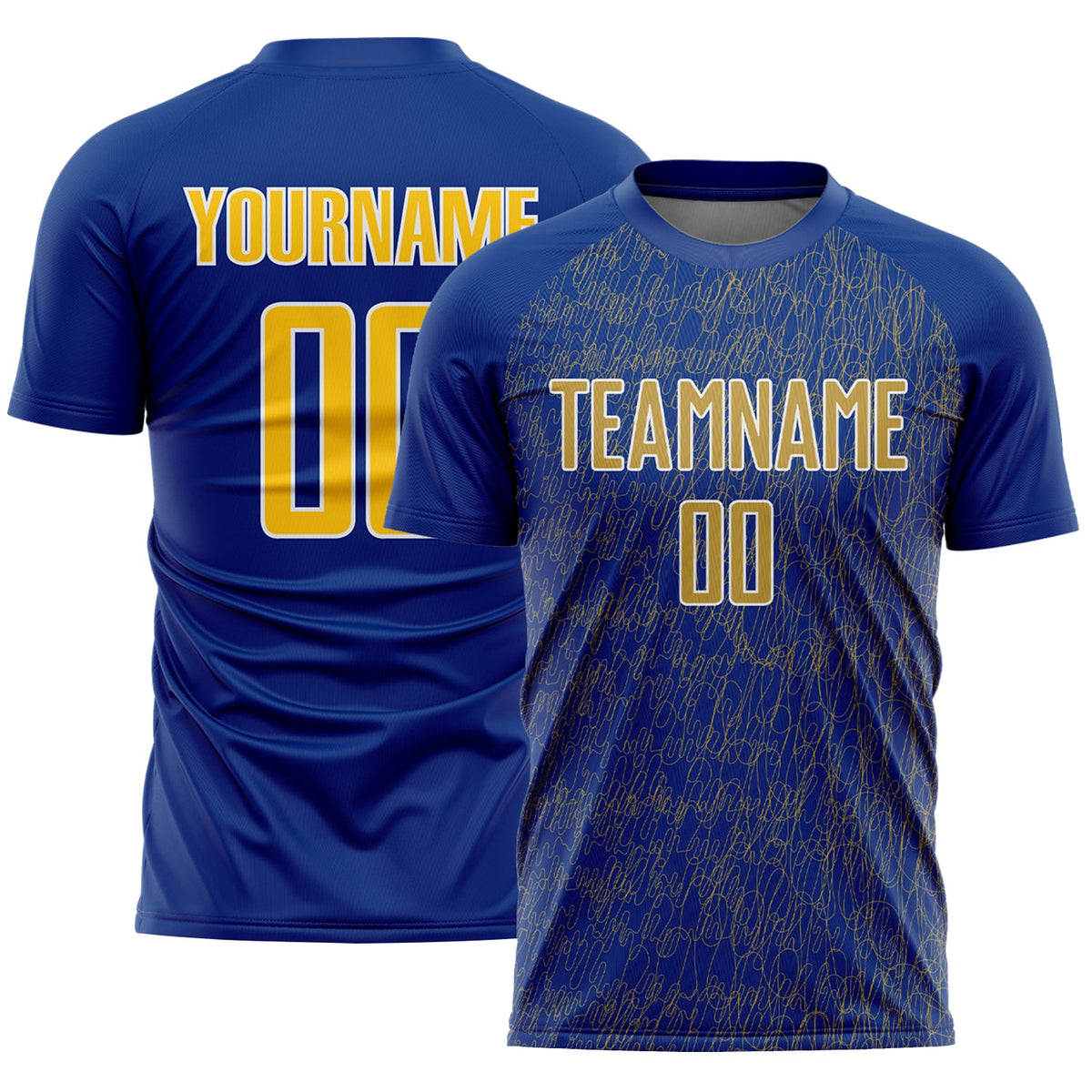 Custom Royal Old Gold-White Abstract Scribble Curve Line Pattern Sports Sublimation Soccer Uniform Jersey
