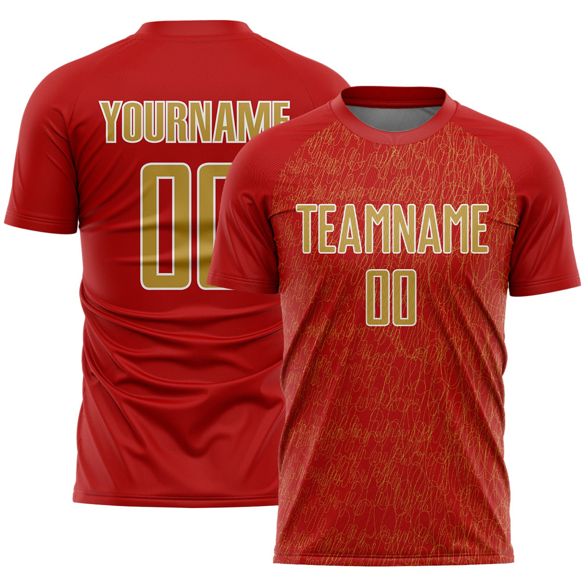 Custom Red Old Gold-White Abstract Scribble Curve Line Pattern Sports Sublimation Soccer Uniform Jersey