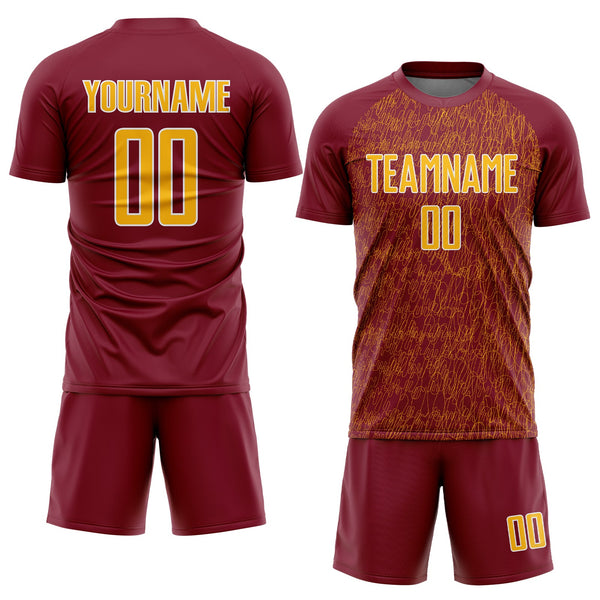 Custom Crimson Gold-White Abstract Scribble Curve Line Pattern Sports Sublimation Soccer Uniform Jersey alternate