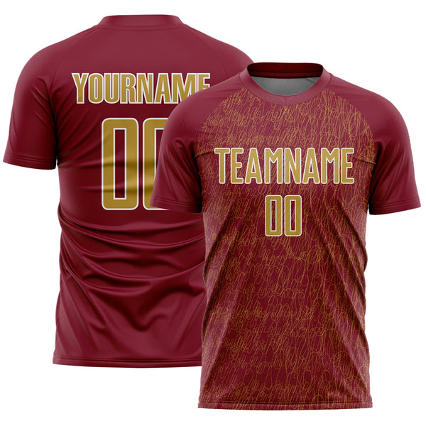 Custom Crimson Old Gold-White Abstract Scribble Curve Line Pattern Sports Sublimation Soccer Uniform Jersey