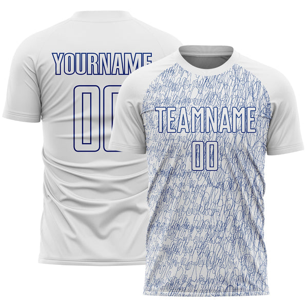Custom White Royal Abstract Scribble Curve Line Pattern Sports Sublimation Soccer Uniform Jersey