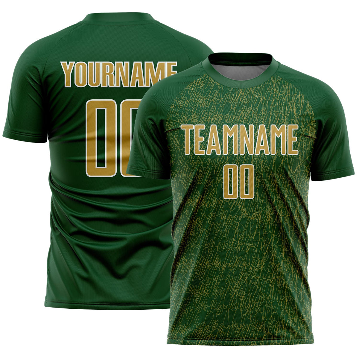 Custom Green Old Gold-White Abstract Scribble Curve Line Pattern Sports Sublimation Soccer Uniform Jersey