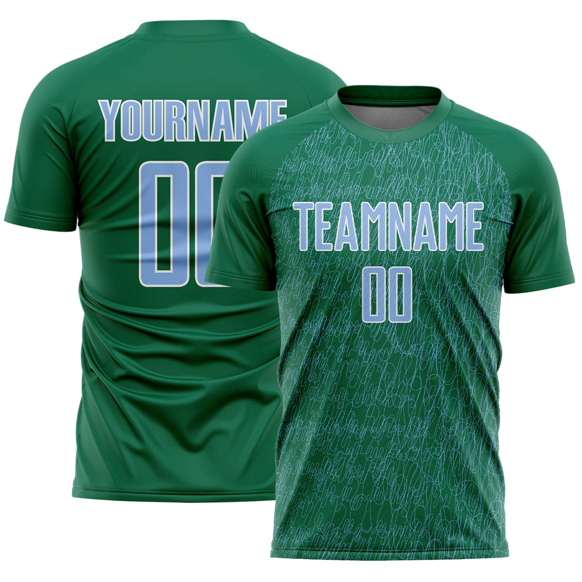 Custom Kelly Green Light Blue-White Abstract Scribble Curve Line Pattern Sports Sublimation Soccer Uniform Jersey