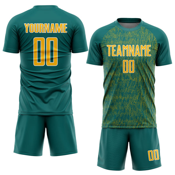 Custom Teal Gold-White Abstract Scribble Curve Line Pattern Sports Sublimation Soccer Uniform Jersey alternate