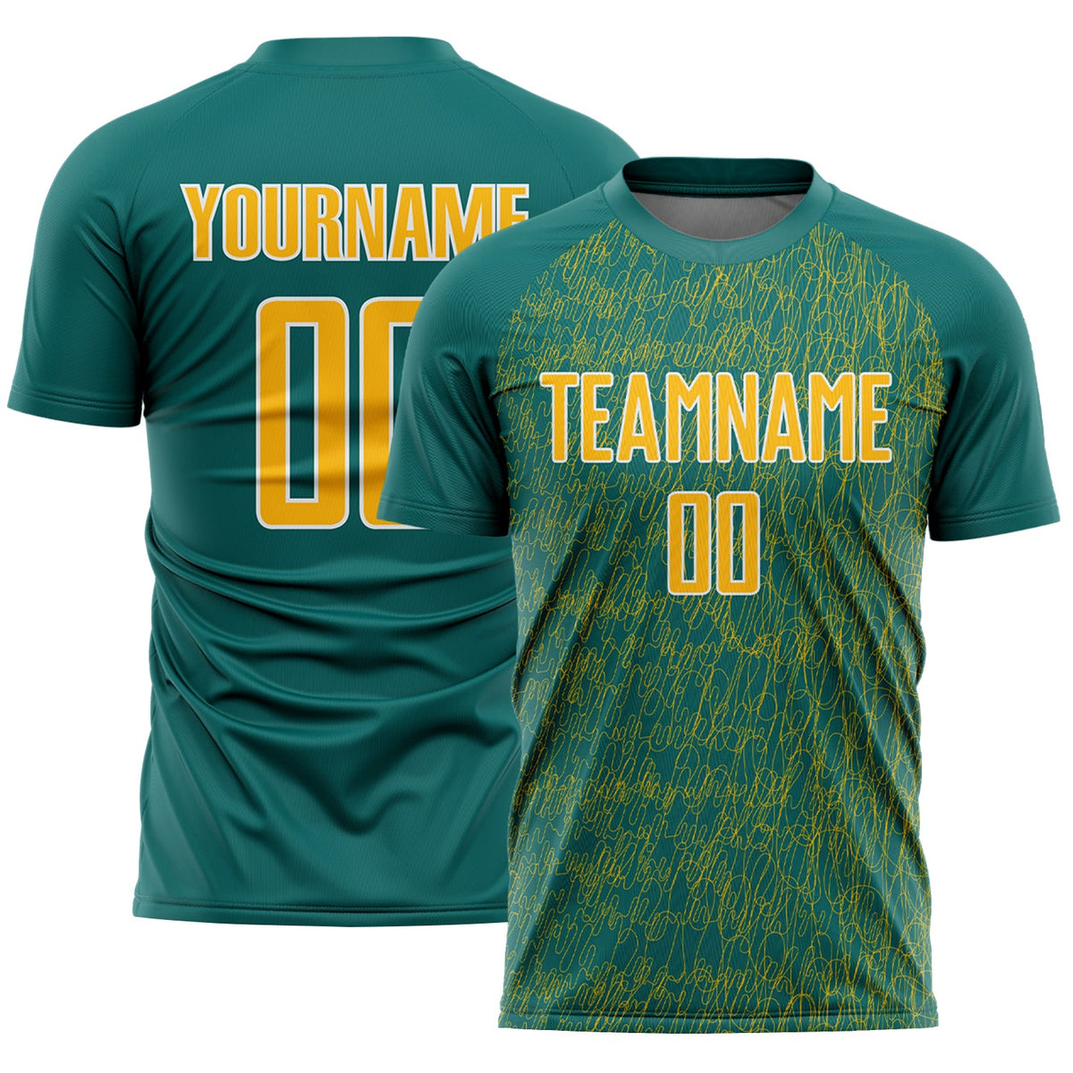 Custom Teal Gold-White Abstract Scribble Curve Line Pattern Sports Sublimation Soccer Uniform Jersey