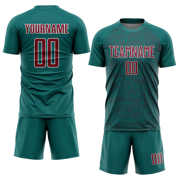 Custom Teal Crimson-White Abstract Scribble Curve Line Pattern Sports Sublimation Soccer Uniform Jersey alternate