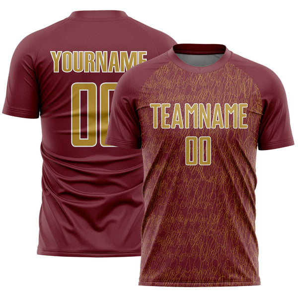 Custom Burgundy Old Gold-White Abstract Scribble Curve Line Pattern Sports Sublimation Soccer Uniform Jersey