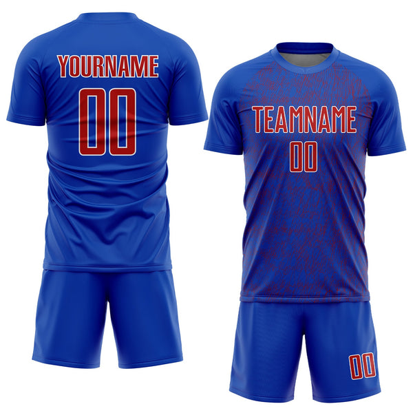 Custom Thunder Blue Red-White Abstract Scribble Curve Line Pattern Sports Sublimation Soccer Uniform Jersey alternate
