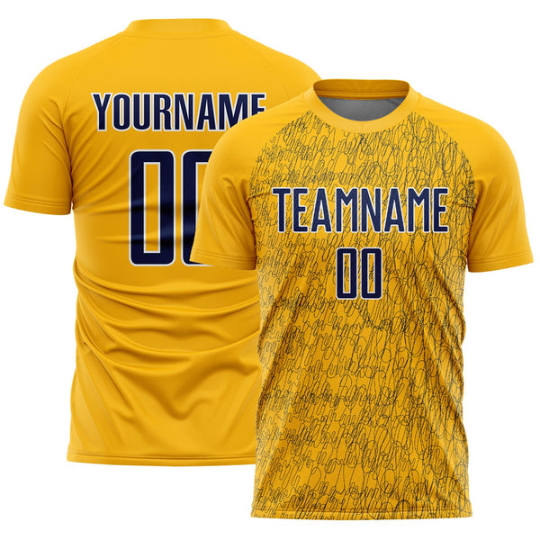 Custom Gold Navy-White Abstract Scribble Curve Line Pattern Sports Sublimation Soccer Uniform Jersey