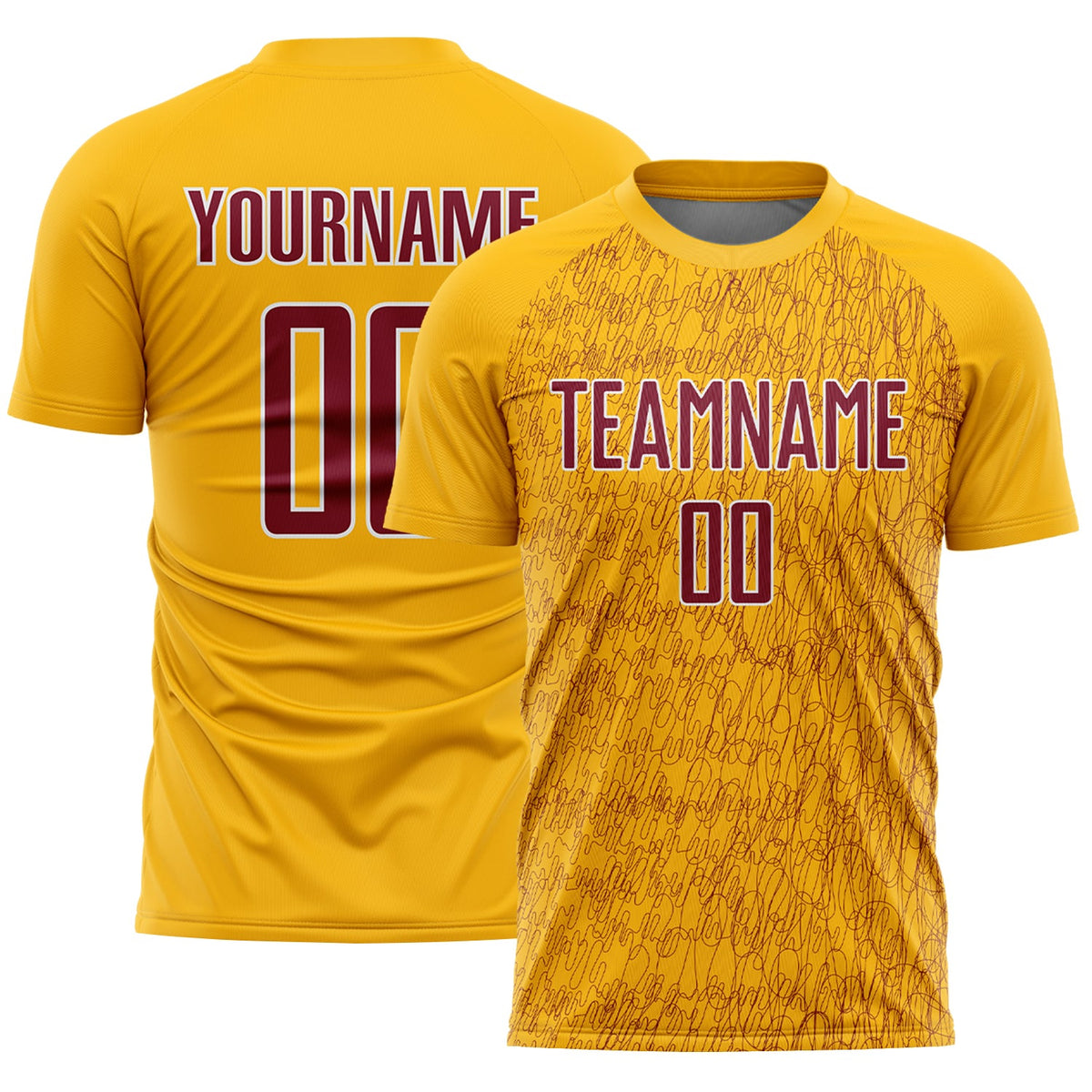 Custom Gold Crimson-White Abstract Scribble Curve Line Pattern Sports Sublimation Soccer Uniform Jersey