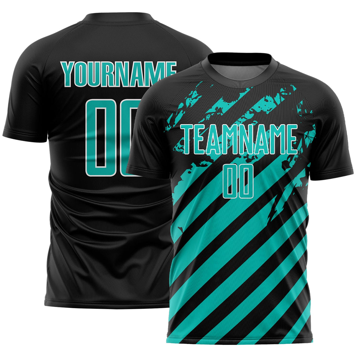 Custom Black Aqua-White Distressed Diagonal Stripe Pattern Sports Sublimation Soccer Uniform Jersey