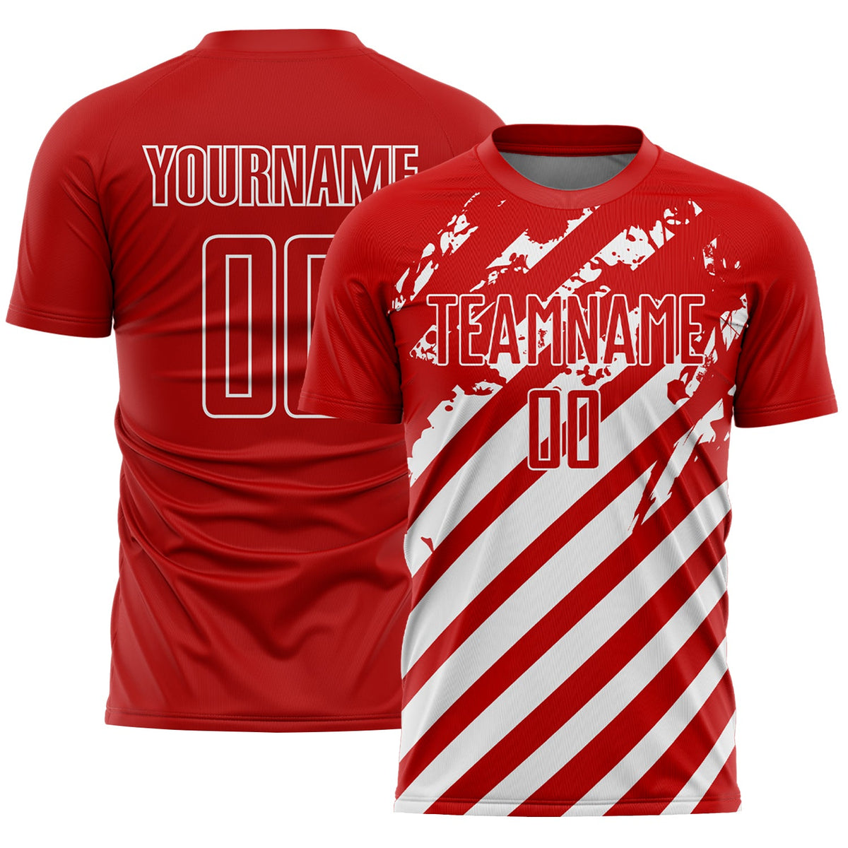Custom Red White Distressed Diagonal Stripe Pattern Sports Sublimation Soccer Uniform Jersey