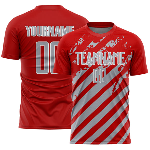 Custom Red Gray-White Distressed Diagonal Stripe Pattern Sports Sublimation Soccer Uniform Jersey