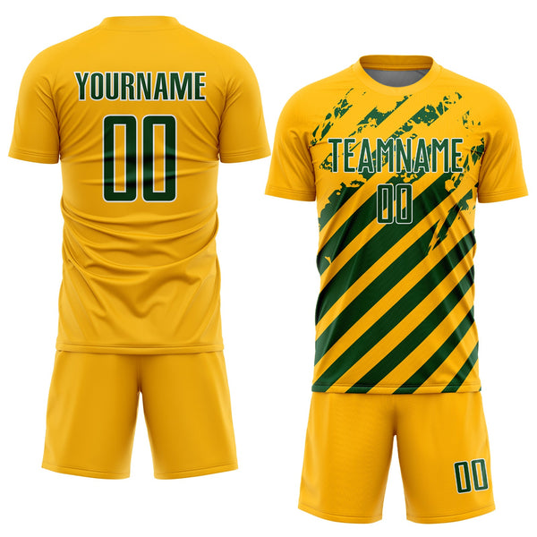 Custom Gold Green-White Distressed Diagonal Stripe Pattern Sports Sublimation Soccer Uniform Jersey alternate