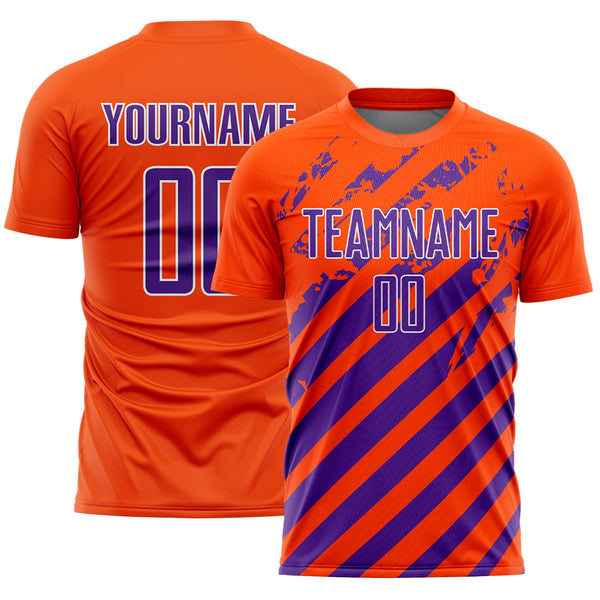 Custom Orange Purple-White Distressed Diagonal Stripe Pattern Sports Sublimation Soccer Uniform Jersey