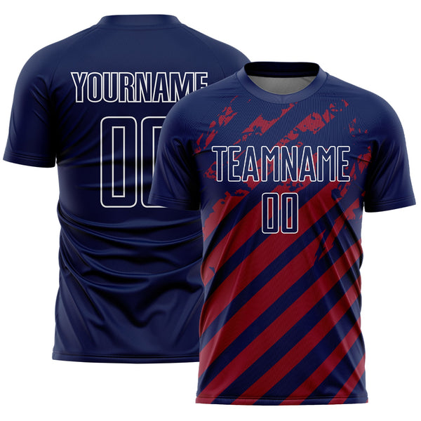 Custom Navy White-Red Distressed Diagonal Stripe Pattern Sports Sublimation Soccer Uniform Jersey