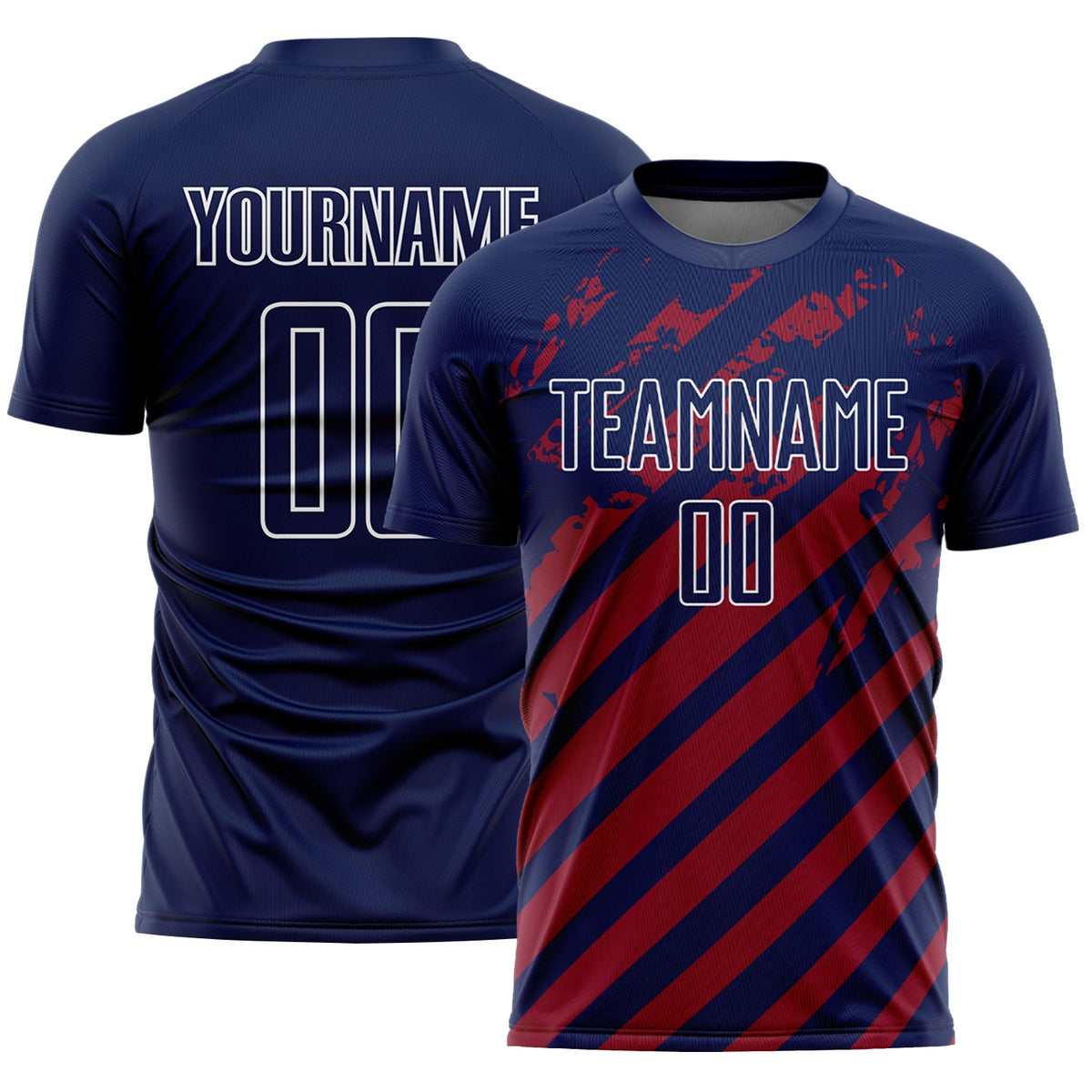 Custom Navy White-Red Distressed Diagonal Stripe Pattern Sports Sublimation Soccer Uniform Jersey
