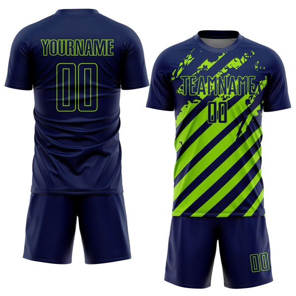 Custom Navy Neon Green Distressed Diagonal Stripe Pattern Sports Sublimation Soccer Uniform Jersey alternate