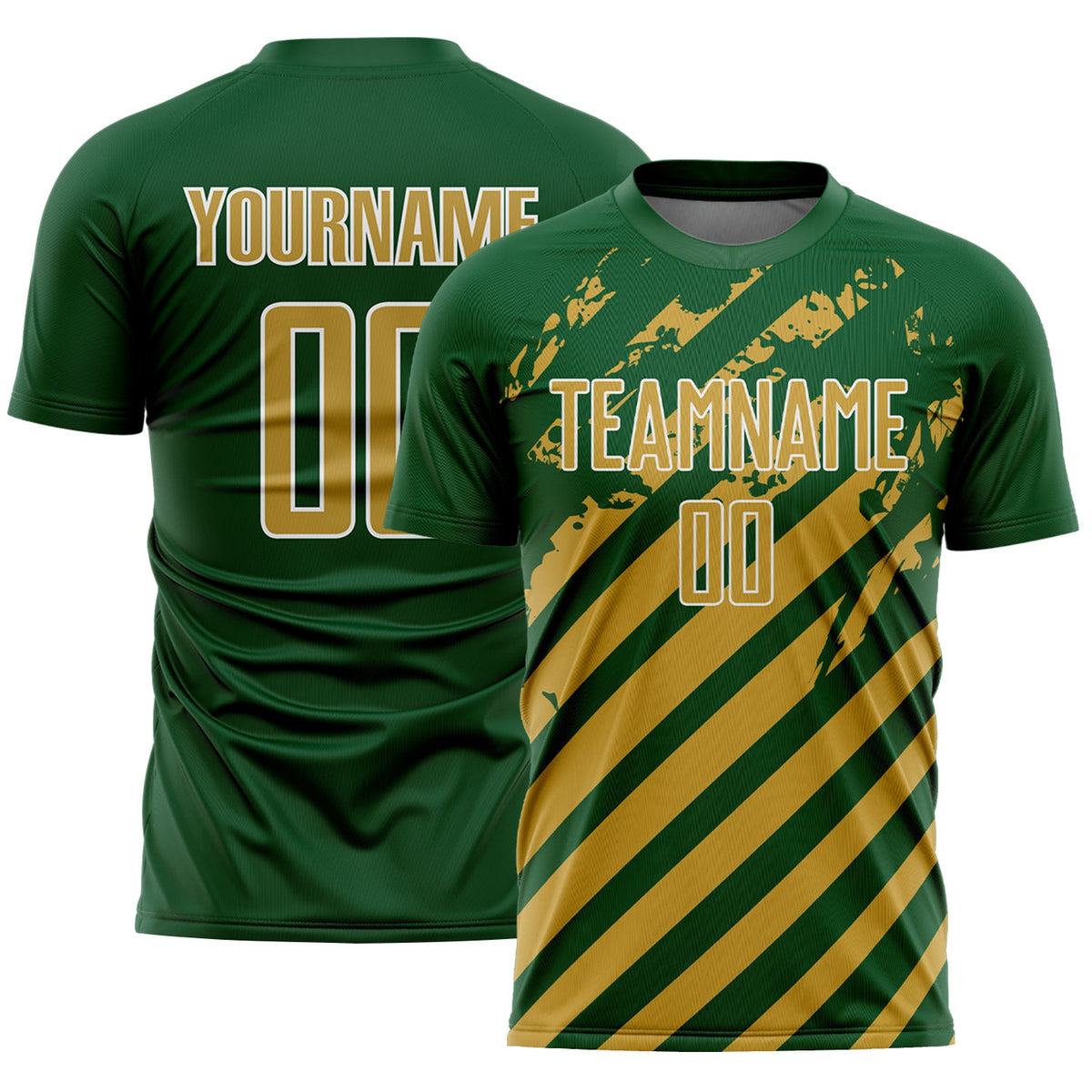 Custom Green Old Gold-White Distressed Diagonal Stripe Pattern Sports Sublimation Soccer Uniform Jersey