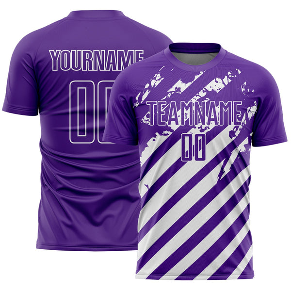Custom Purple White Distressed Diagonal Stripe Pattern Sports Sublimation Soccer Uniform Jersey