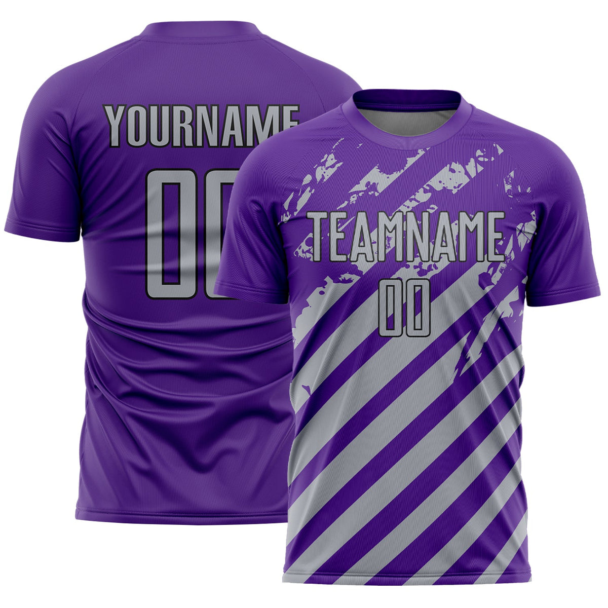 Custom Purple Gray-Black Distressed Diagonal Stripe Pattern Sports Sublimation Soccer Uniform Jersey