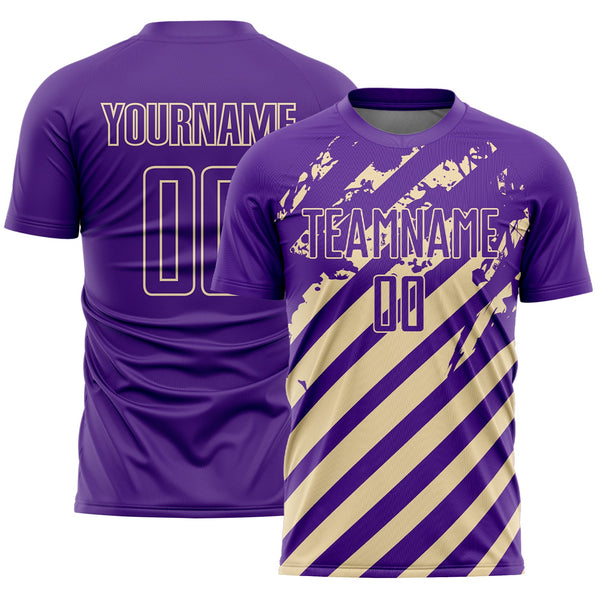 Custom Purple Cream Distressed Diagonal Stripe Pattern Sports Sublimation Soccer Uniform Jersey