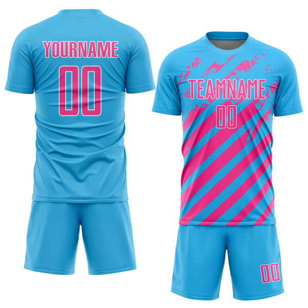 Custom Sky Blue Pink-White Distressed Diagonal Stripe Pattern Sports Sublimation Soccer Uniform Jersey alternate