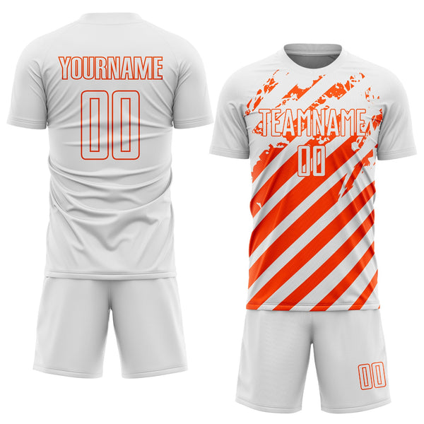 Custom White Orange Distressed Diagonal Stripe Pattern Sports Sublimation Soccer Uniform Jersey alternate