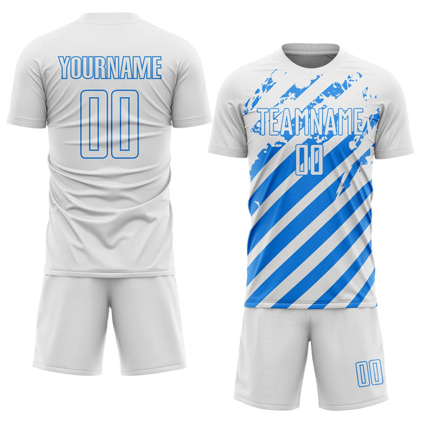 Custom White Powder Blue Distressed Diagonal Stripe Pattern Sports Sublimation Soccer Uniform Jersey alternate