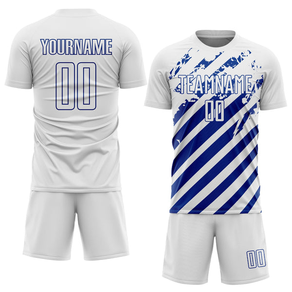 Custom White Royal Distressed Diagonal Stripe Pattern Sports Sublimation Soccer Uniform Jersey alternate