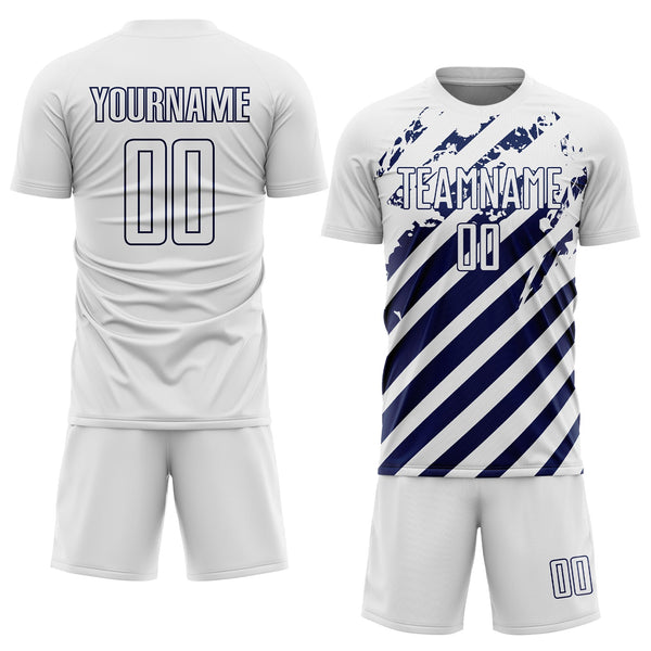 Custom White Navy Distressed Diagonal Stripe Pattern Sports Sublimation Soccer Uniform Jersey alternate