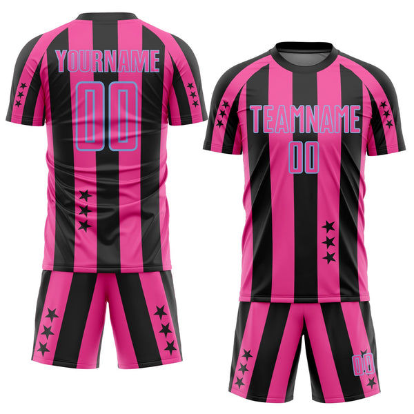 Custom Black Pink-Light Blue Stars And Stripes Sports Sublimation Soccer Uniform Jersey alternate