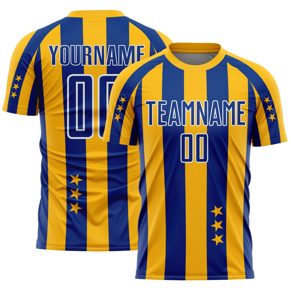 Custom Gold Royal-White Stars And Stripes Sports Sublimation Soccer Uniform Jersey
