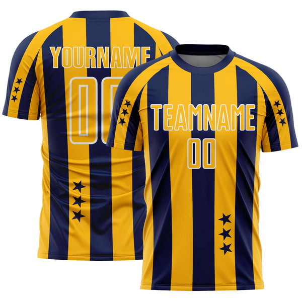 Custom Navy Gold-White Stars And Stripes Sports Sublimation Soccer Uniform Jersey
