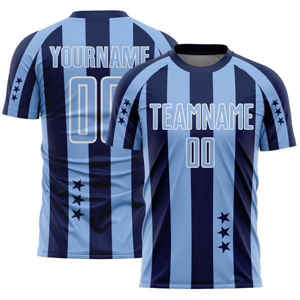 Custom Navy Light Blue-White Stars And Stripes Sports Sublimation Soccer Uniform Jersey