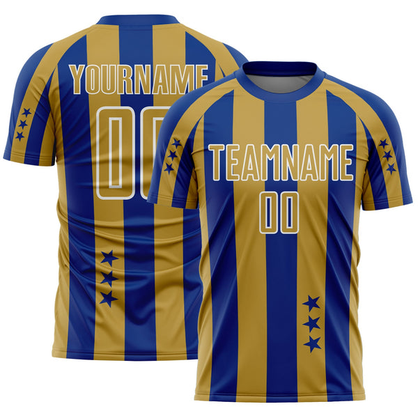 Custom Royal Old Gold-White Stars And Stripes Sports Sublimation Soccer Uniform Jersey