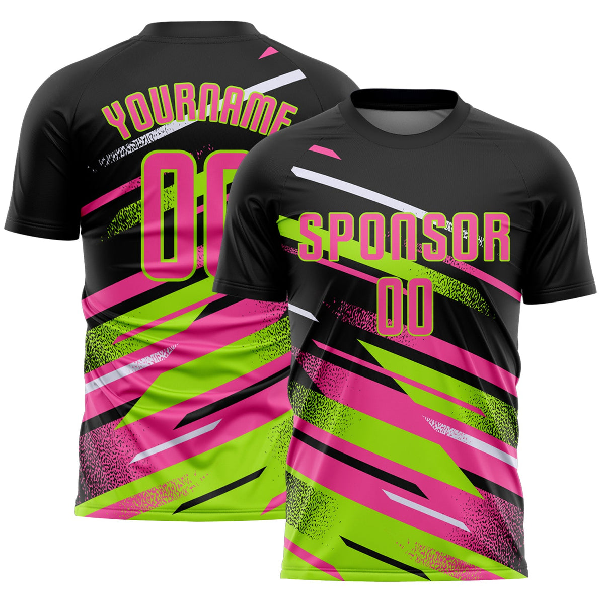 Custom Black Pink Neon Green-White Grunge Stripe And Grainy Sports Sublimation Soccer Uniform Jersey