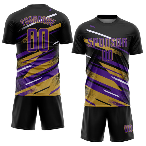 Custom Black Purple Old Gold-White Grunge Stripe And Grainy Sports Sublimation Soccer Uniform Jersey alternate