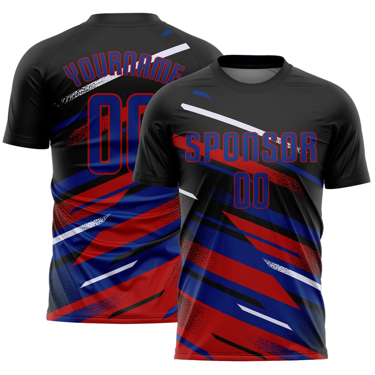 Custom Black Royal Red-White Grunge Stripe And Grainy Sports Sublimation Soccer Uniform Jersey