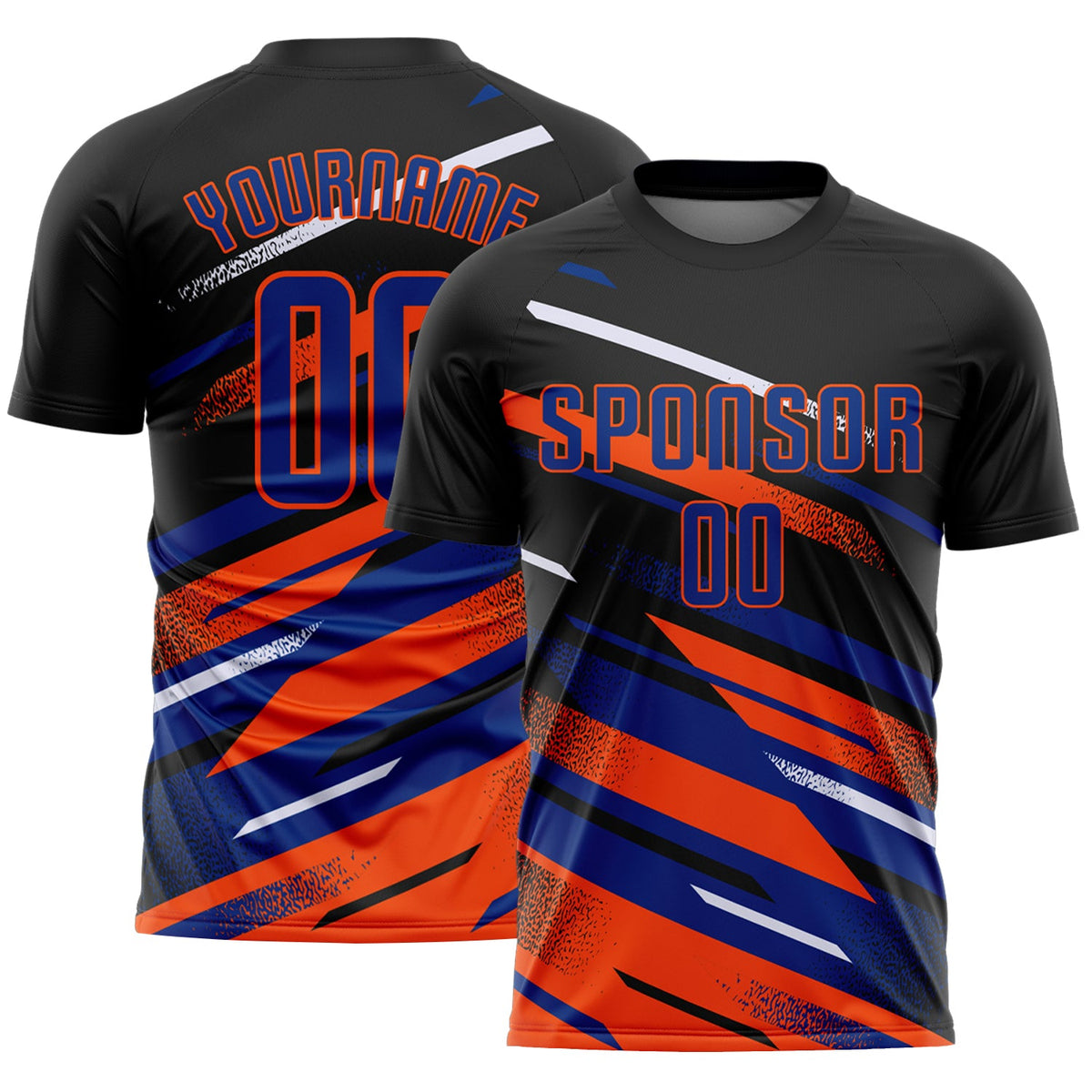 Custom Black Royal Orange-White Grunge Stripe And Grainy Sports Sublimation Soccer Uniform Jersey